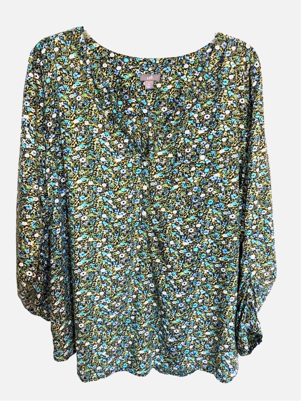J Jill Floral Cotton Blouse XL Blue Green Ditsy Print Puff Sleeve Top